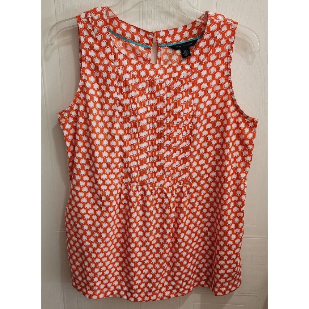 Tommy Hilfiger Women’s Sleeveless Pintuck Neck Blouse Orange Polyester Sz Medium